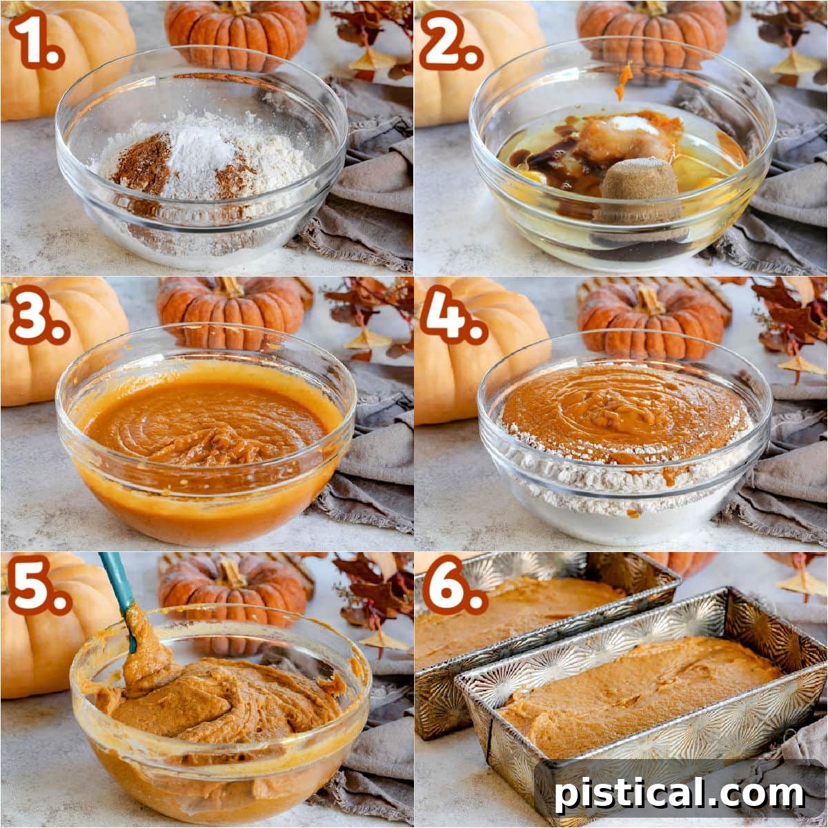 Ultimate Pumpkin Bread 6 A six-image numbered collage illustrating the step-by-step process of making delicious pumpkin bread, from mixing ingredients to the final baked loaves.
