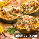 three stuffed acorn squash halves sitting on brown parchment paper topped with feta cheese.