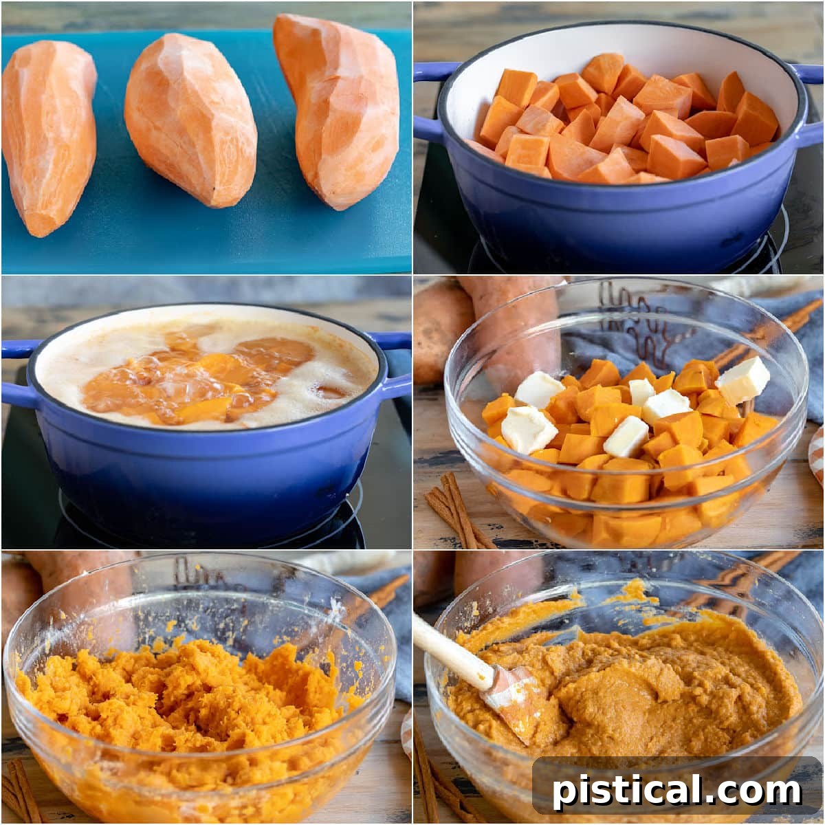 A six-image collage illustrating the process of boiling and mashing sweet potatoes for the casserole base.