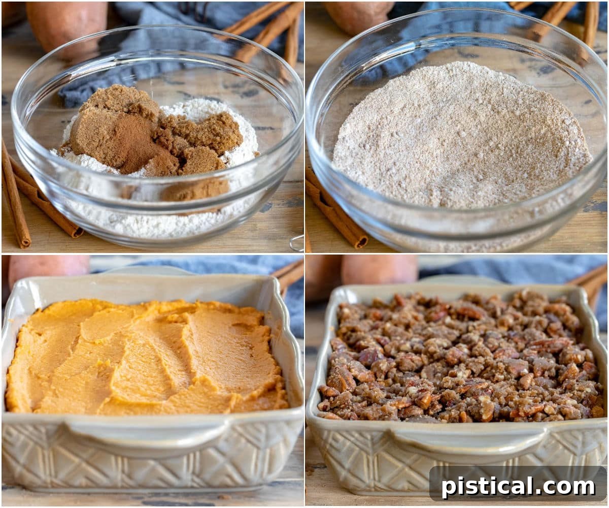 A four-image collage showing the preparation of the streusel topping and the assembly of the sweet potato casserole.