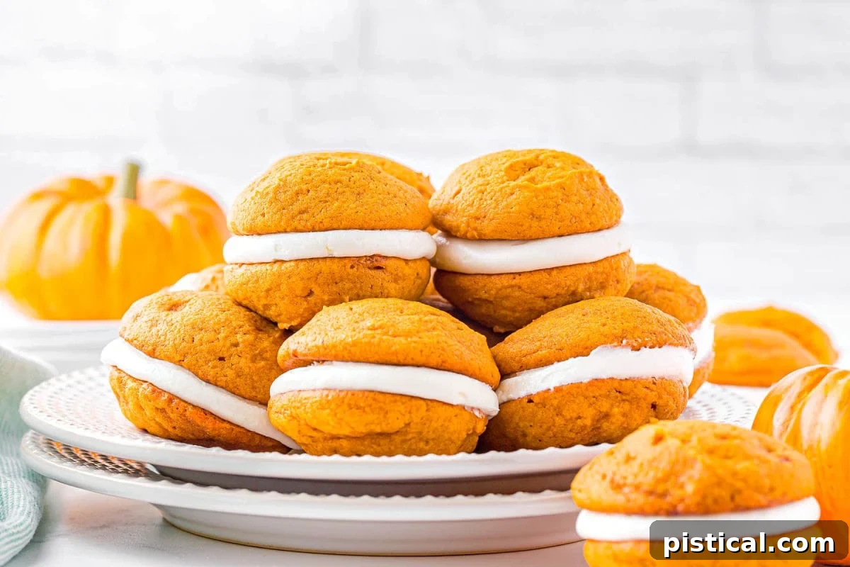 Two white plates are artfully stacked, with a generous pile of pumpkin whoopie pies creating a tempting display. Each whoopie pie is perfectly round with a visible layer of creamy filling, suggesting a rich and indulgent dessert.