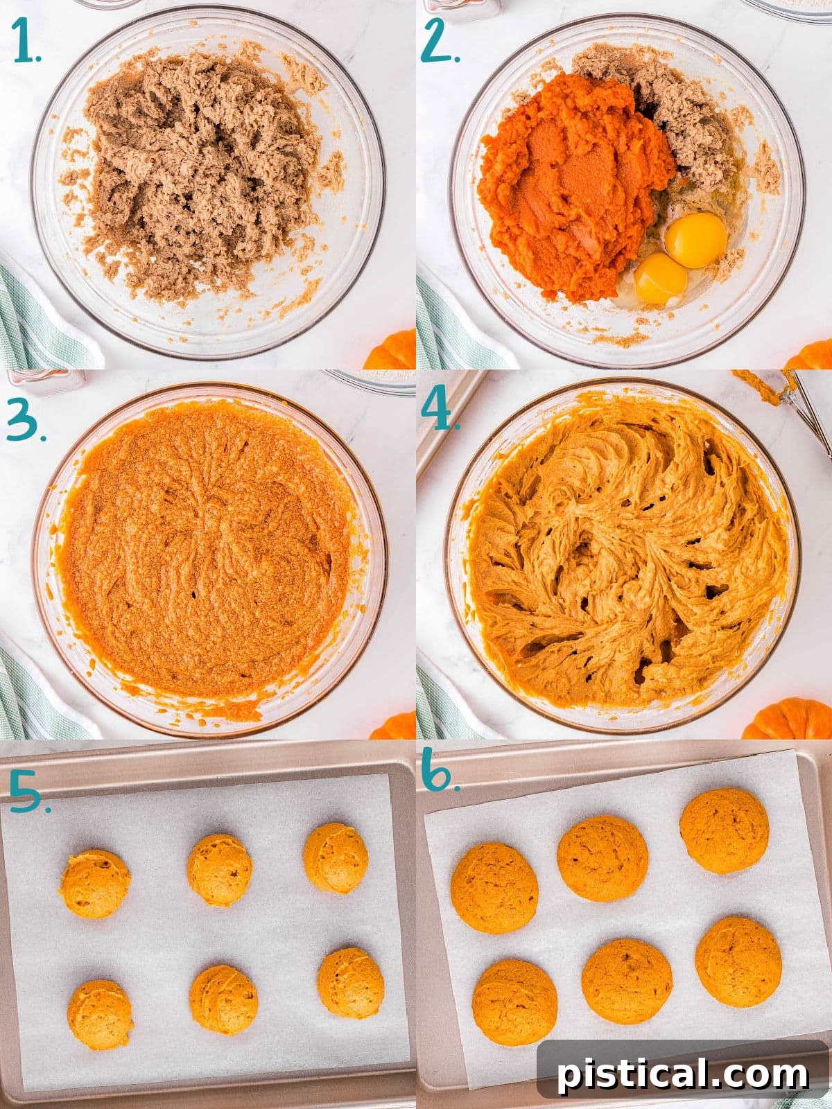 A six-image collage illustrating the step-by-step process of baking pumpkin whoopie pie cookies. Images show mixing ingredients, scooping batter onto baking sheets, and the baked cookies.