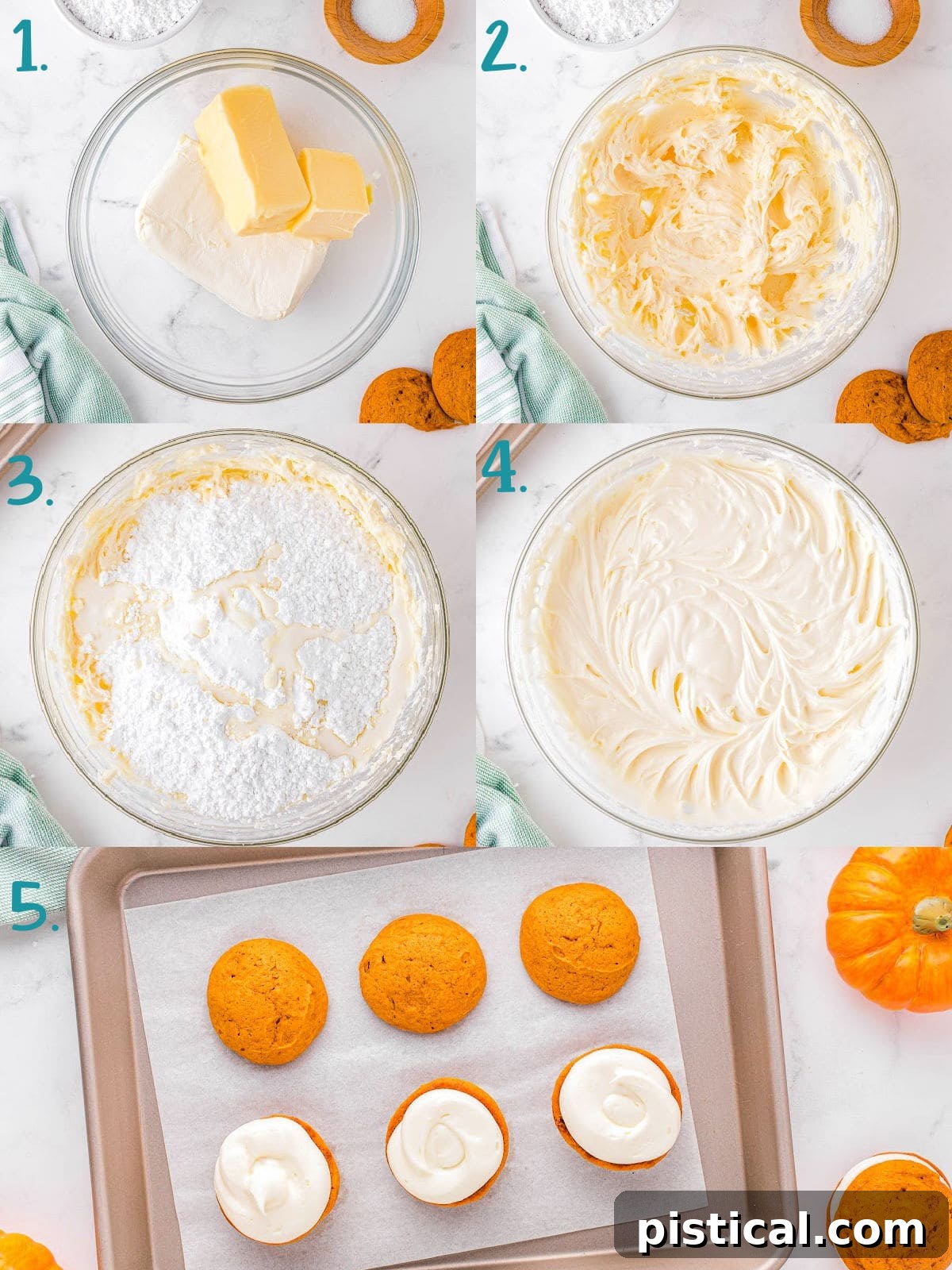 A five-image collage demonstrating the process of making the creamy whoopie pie filling. Images show combining ingredients, mixing until smooth, and the finished fluffy frosting.