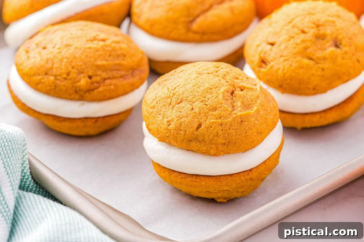 A baking sheet covered with parchment paper holds several perfectly assembled pumpkin whoopie pies. The soft, rounded cookies are filled with a creamy white frosting, ready to be enjoyed.