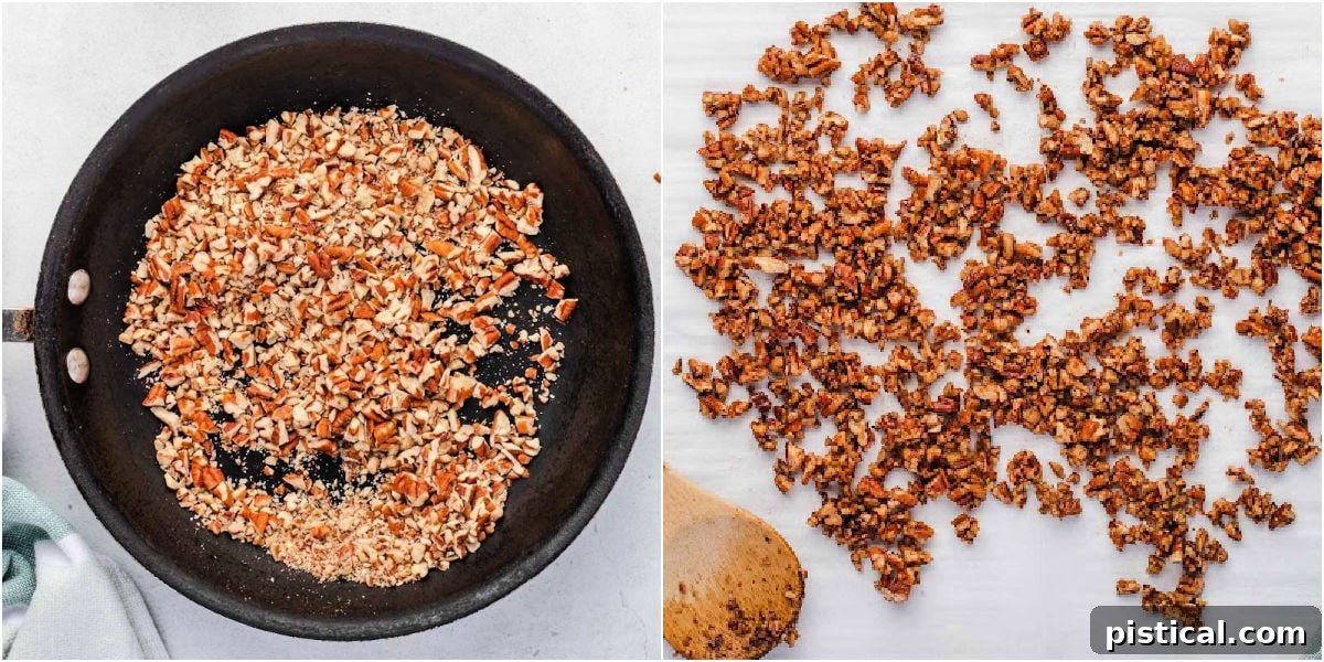 two image collage showing how to make candied pecans in a skillet.