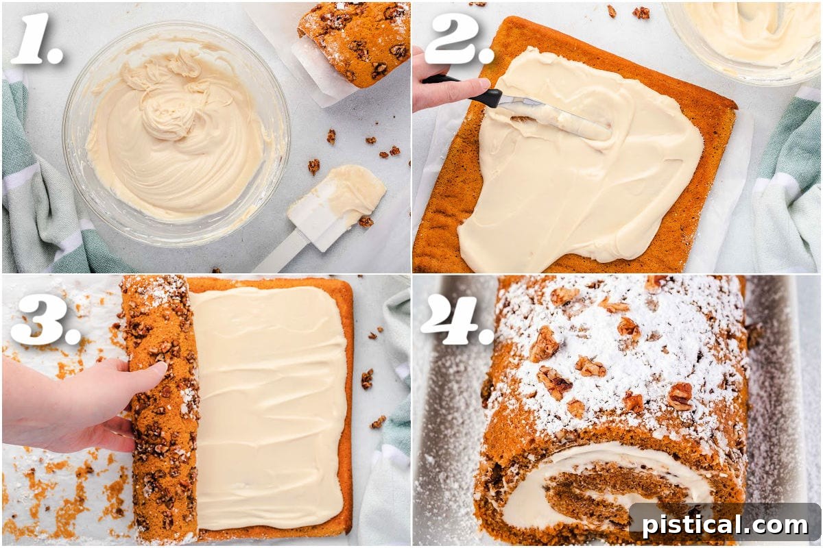 four image collage showing how to frost and how to roll up a pumpkin roll.