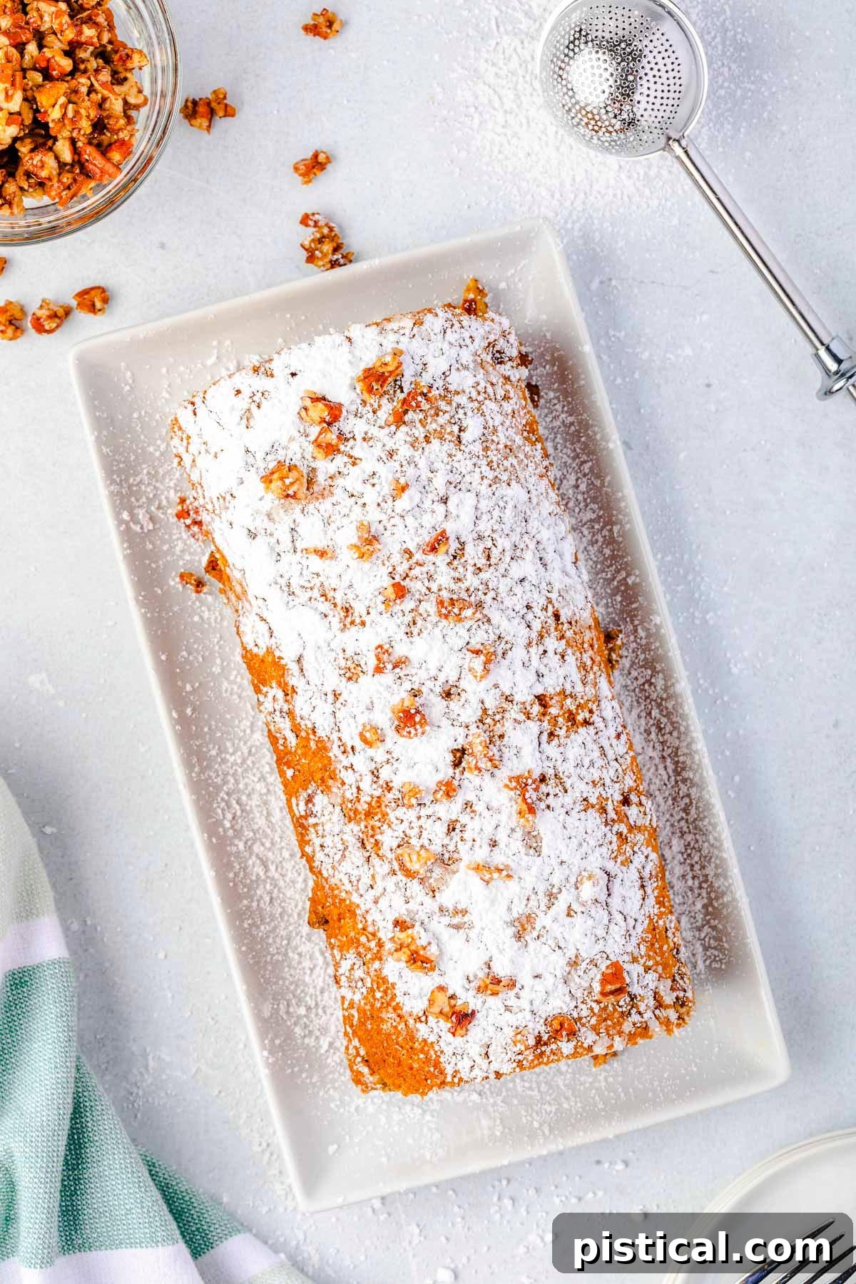 top down look at pumpkin roll ready to be served.