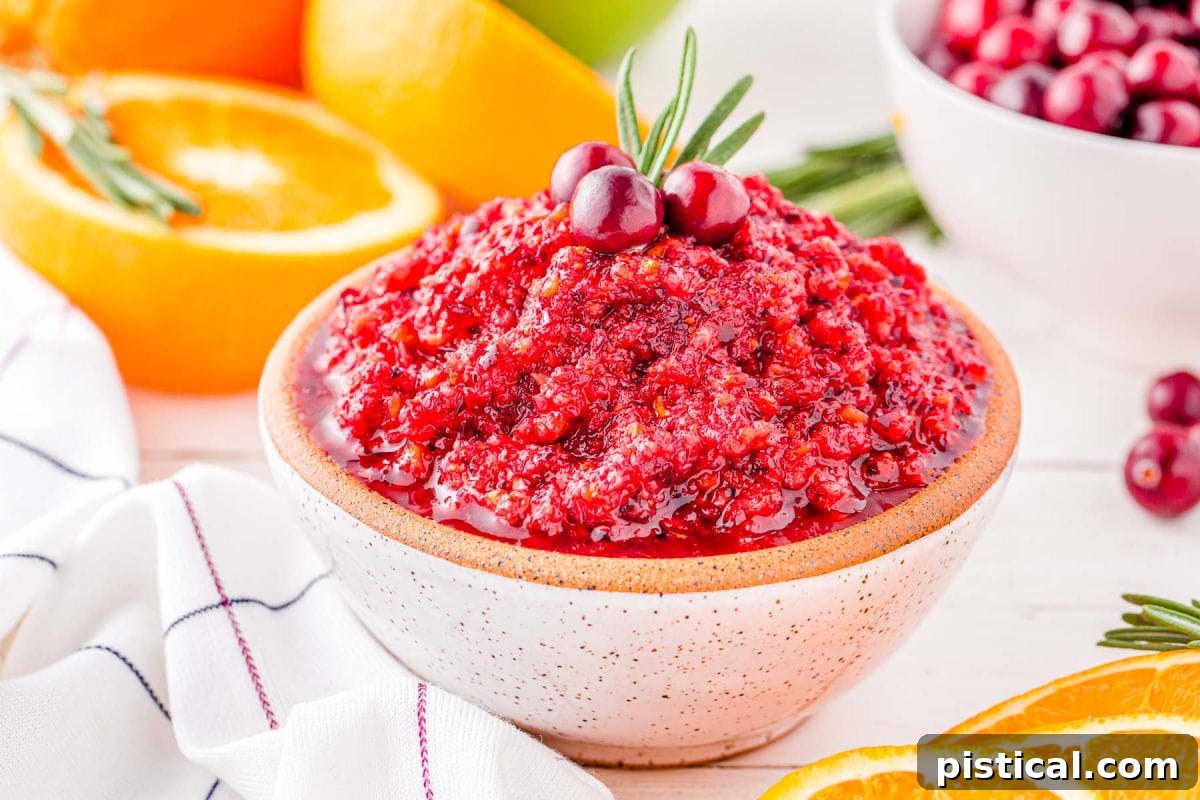 small white clay bowl filled with cranberry orange relish and ready to serve.