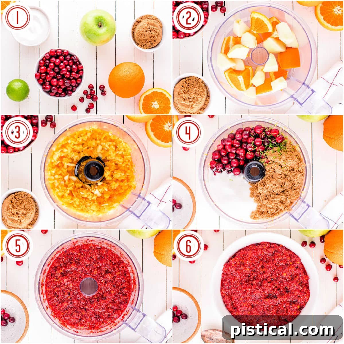 six image collage showing how to prepare the cranberry relish in a food processor.