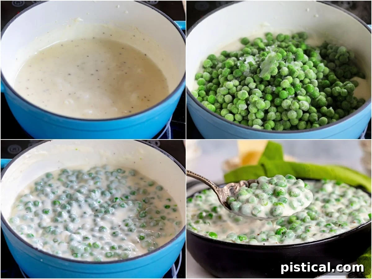 A four-image collage illustrating the step-by-step process of preparing creamy peas, from making the roux to the final garnish, showcasing the ease of the recipe.