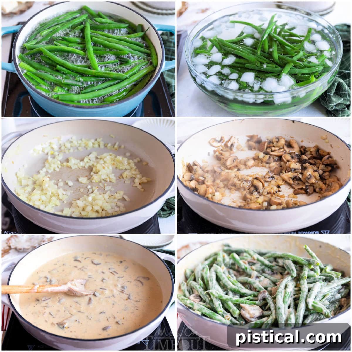 A six-image collage illustrating the step-by-step process of making green bean casserole from scratch, showing ingredients being sautéed, sauce thickening, and assembly.