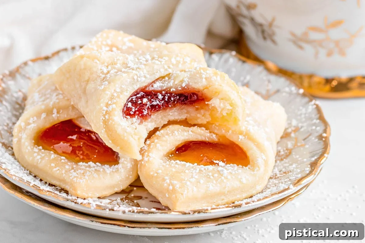 Kolaczki Beloved Polish Pastries 4 Three perfectly baked Kolaczki cookies nestled on a small, elegant plate with a gold rim. The top cookie has a delicate bite taken out, revealing the vibrant jam filling and the tender, flaky layers of the pastry.