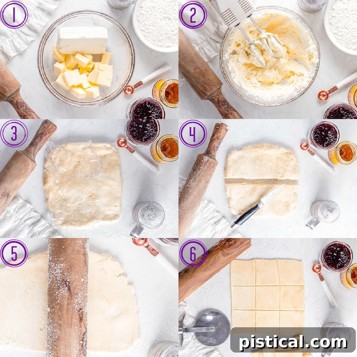 Kolaczki Beloved Polish Pastries 5 A six-image collage illustrating the step-by-step process of preparing the dough for traditional Polish Christmas cookies, from mixing ingredients to rolling and cutting the squares.