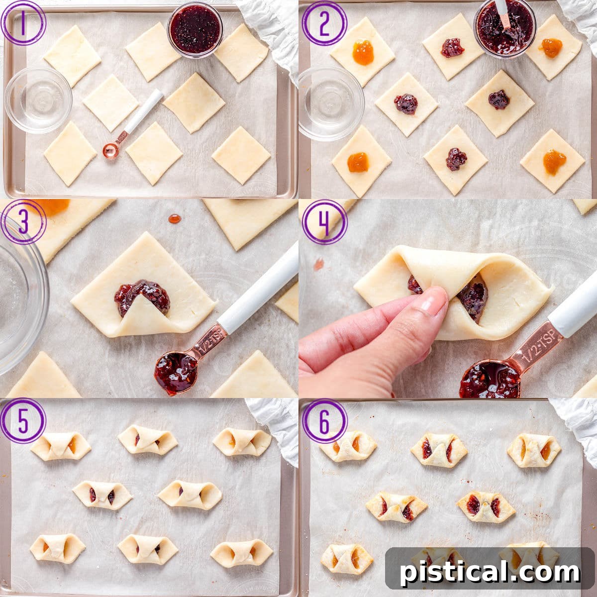 Kolaczki Beloved Polish Pastries 6 A six-image collage demonstrating the crucial steps of how to properly fold and seal traditional Polish cookies around their jam fillings before baking, ensuring a perfect shape and containment of the sweet center.
