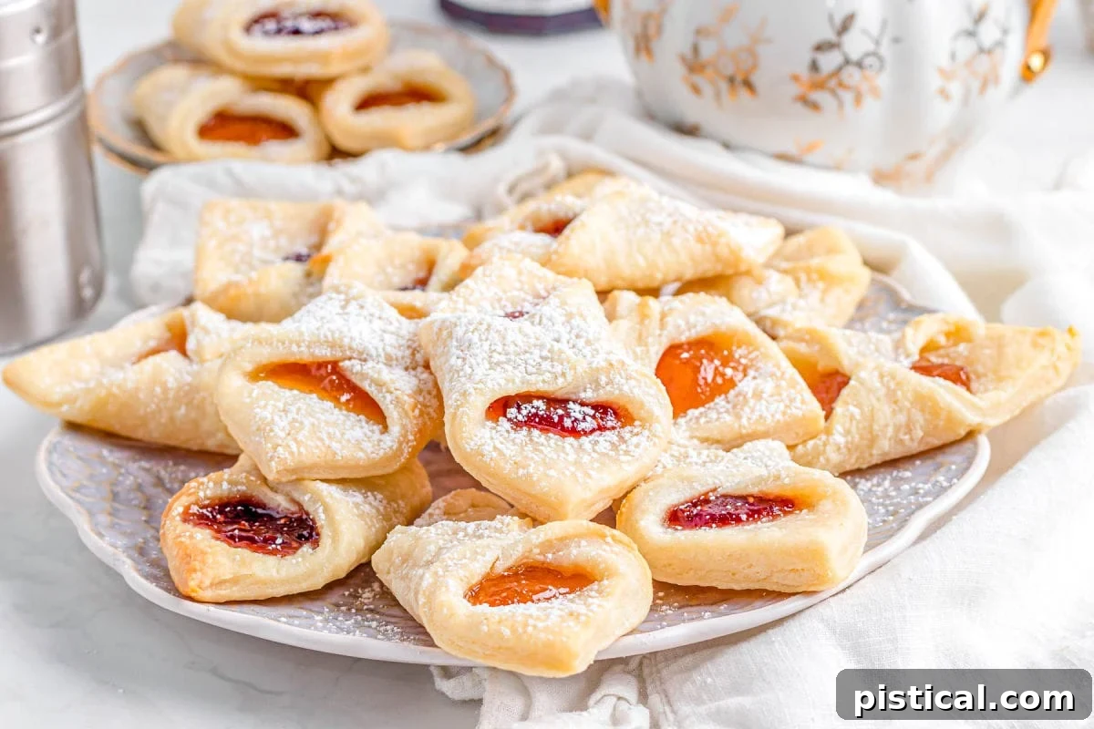 Kolaczki Beloved Polish Pastries 7 A large, ornate china plate overflowing with a generous stack of freshly baked Kolachy cookies, beautifully dusted with a fine layer of powdered sugar. Each cookie boasts a visible jam center, hinting at the sweet delight within, perfectly ready to be savored.