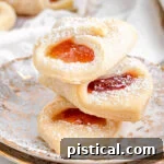 Kolaczki Beloved Polish Pastries 8 three kolackzi cookies stacked on each other on two gold rimmed plates.