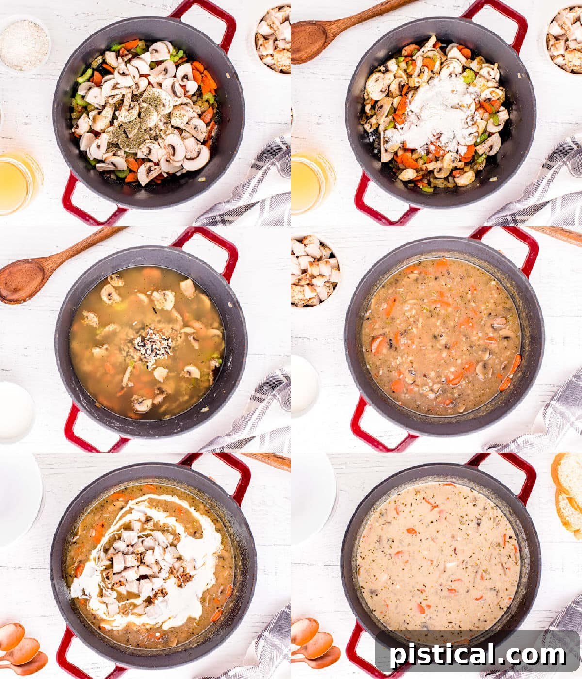 six image collage showing how to make turkey wild rice soup.