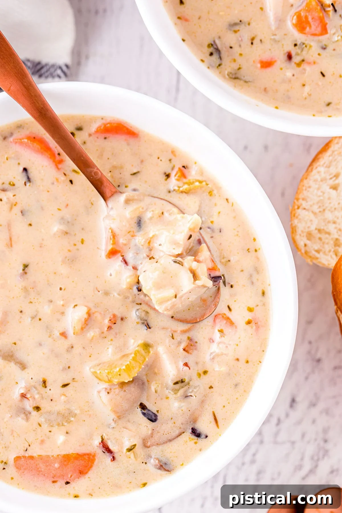 spoonful of turkey and wild rice soup in the serving bowl.