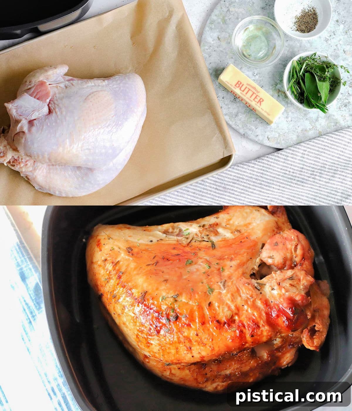 two image collage showing turkey breast next to air fryer with ingredients laid out and the bottom image shows an air fried turkey breast in the air fryer basket.