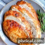 Slices of air fryer turkey breast fanned out on a gray plate next to a small bowl of mashed potatoes and gravy.