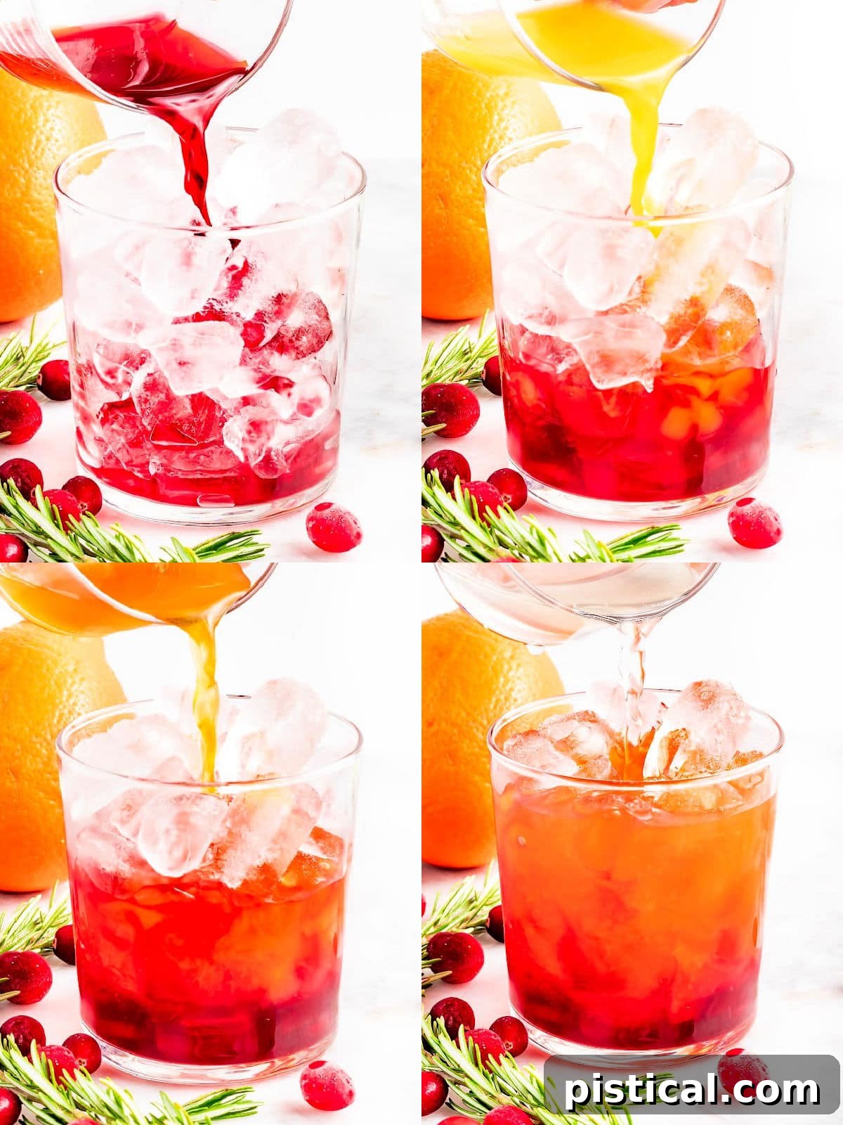 A four-image collage demonstrating the step-by-step preparation of a layered Christmas Punch recipe, showcasing the pouring and settling of each colorful ingredient for a stunning visual effect.