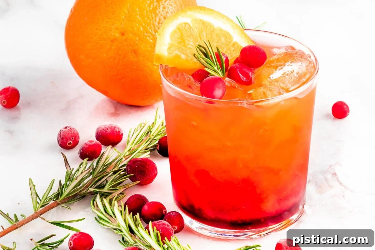 A beautifully arranged scene featuring a crystal glass of Christmas Punch, garnished with fresh rosemary, cranberries, and an orange slice. Additional rosemary sprigs, scattered cranberries, and orange wedges are artfully placed beside the glass, enhancing the festive presentation.