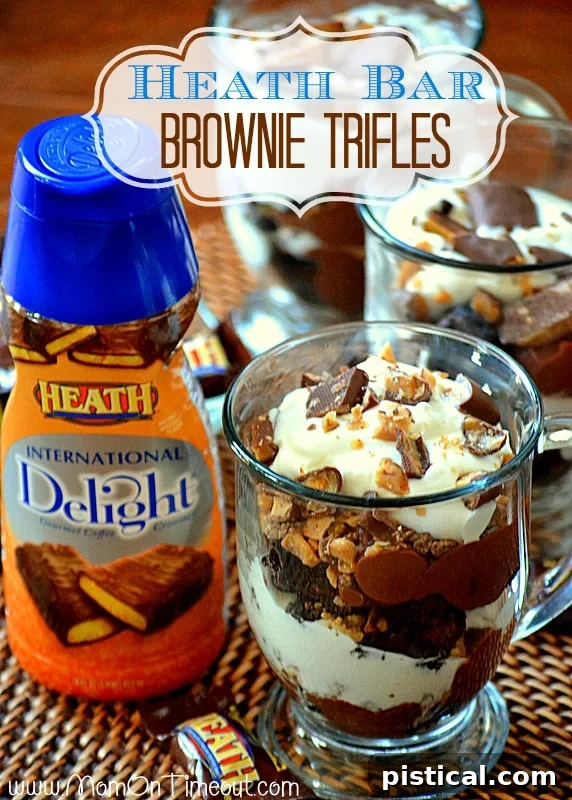 Heath Bar Brownie Trifles layers | Close-up of brownie, pudding, and whipped cream layers