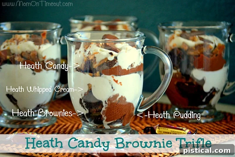 Assembled Heath Bar Brownie Trifles | A vibrant layered dessert ready to serve