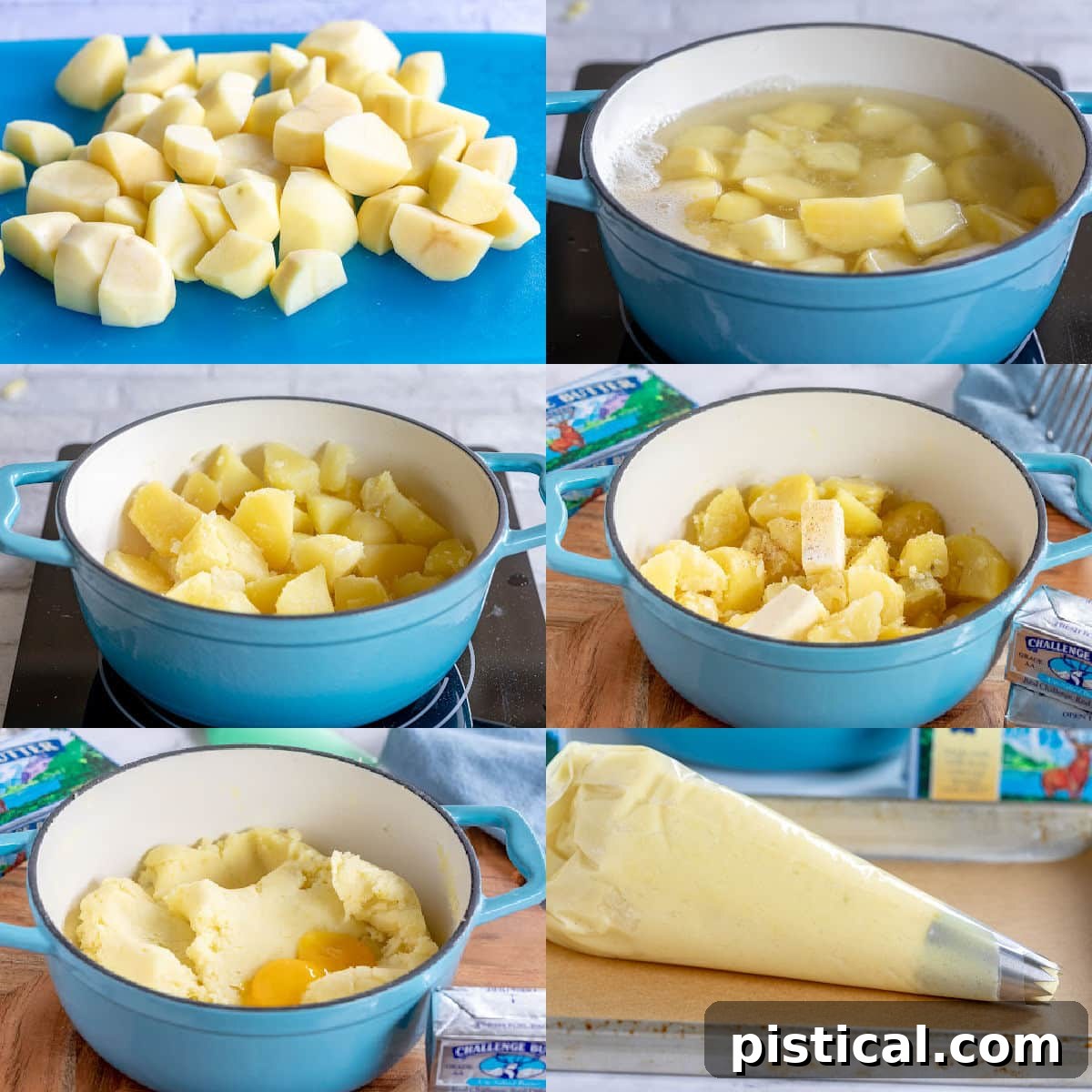Golden Potato Swirls 6 six image collage showing how to make the mashed potatoes for the Duchess potatoes.
