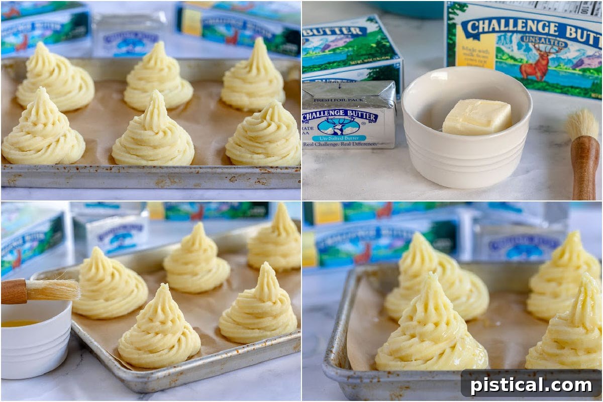 Golden Potato Swirls 7 four image collage showing how to pipe the duchess potatoes and bake them.