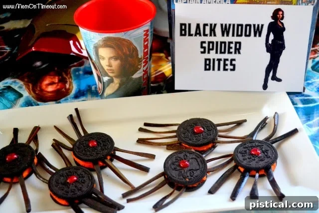 Close-up of Black Widow Spider Bites on a platter, showcasing the detailed licorice legs and red gel mark