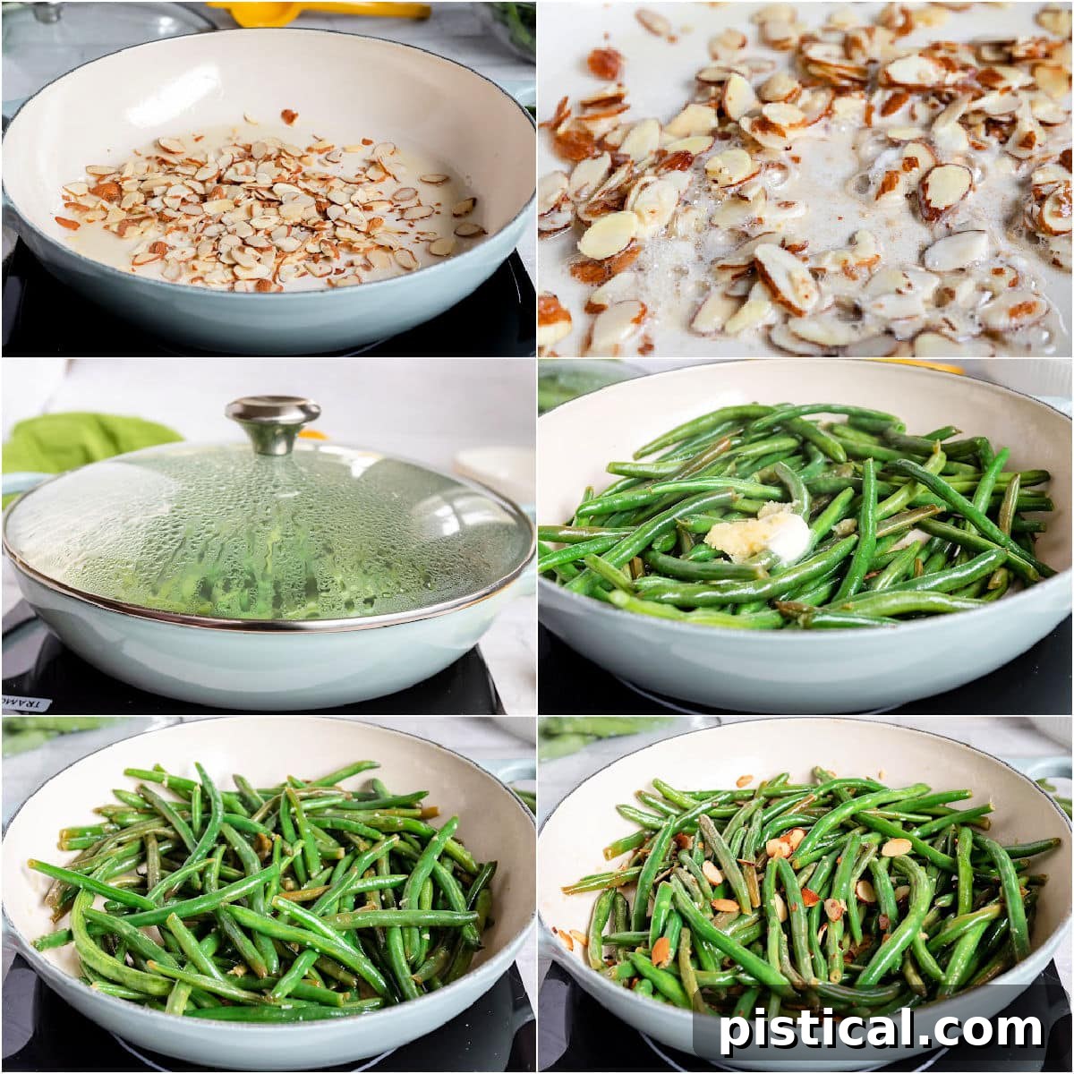 A six-image collage illustrating the step-by-step process of preparing Green Beans Almondine in a single skillet, from toasting almonds to the final dish.