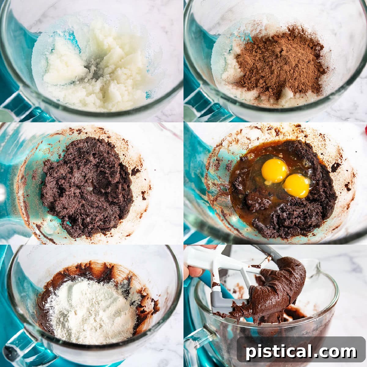 How to make chocolate crinkle cookies dough in a six-image collage showing step-by-step mixing and chilling process.