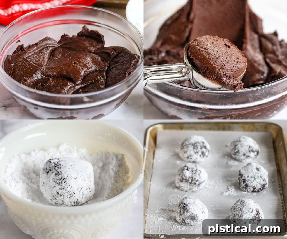 Four-image collage showing how to make crinkle cookies by rolling in powdered sugar and baking, highlighting the distinctive cracked texture.