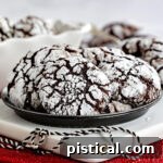 Plate of chocolate crinkle cookies sitting on white wood board on red sparkly placemat, ready to be enjoyed.