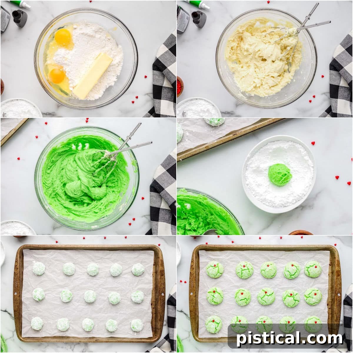 A six-image collage illustrating the step-by-step process of making Grinch Cookies, from mixing ingredients to adding the red heart sprinkles.