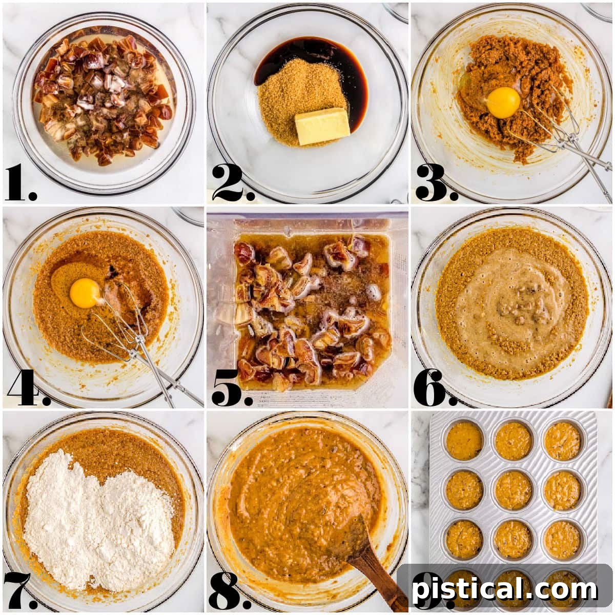 A nine-image collage illustrating the step-by-step process of preparing sticky toffee pudding, from mixing ingredients to baked puddings.