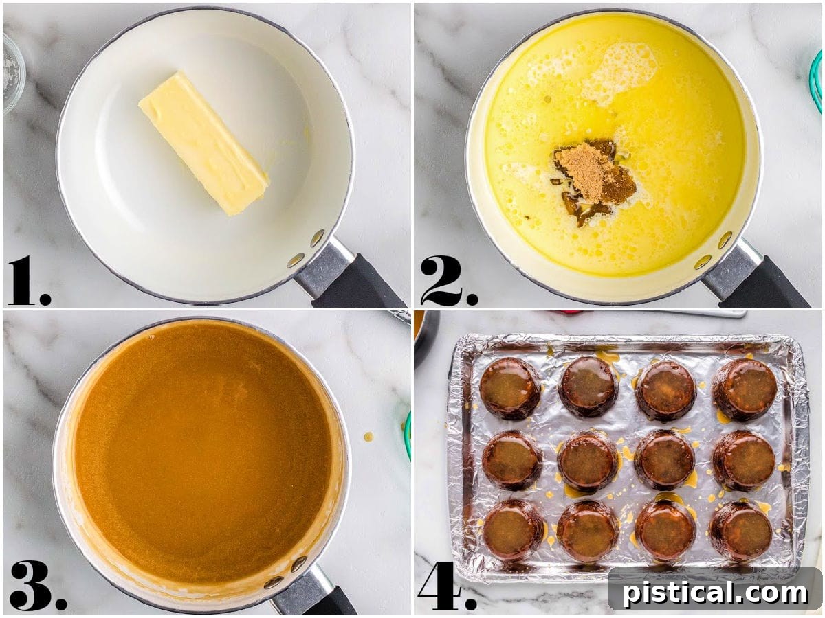 A four-image collage demonstrating the process of making homemade toffee sauce, showing ingredients melting and thickening.