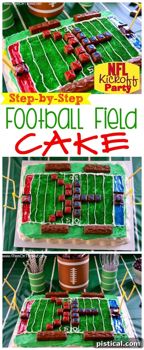 Delicious football field cake made with Snickers, perfect for game day parties
