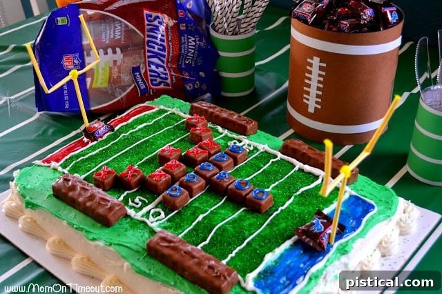 Close-up of a homemade Football Field Cake ready for game day