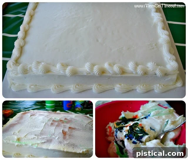 Mixing green frosting for a football field cake