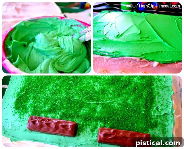 Decorating a football field cake with green sprinkles and Snickers benches
