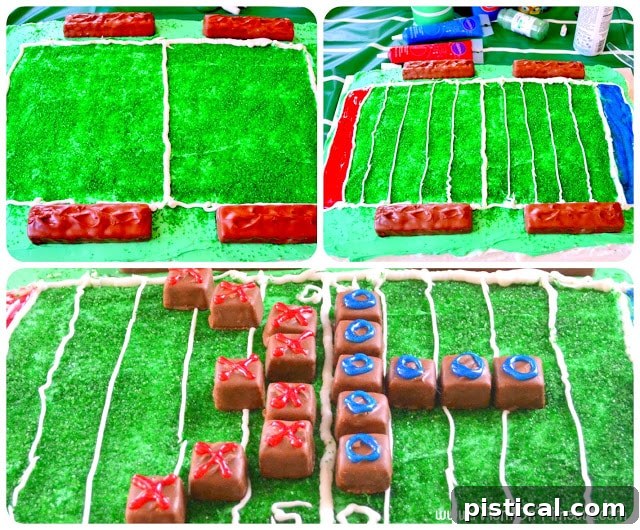 Detailed view of a football field cake with Snickers players and goalposts
