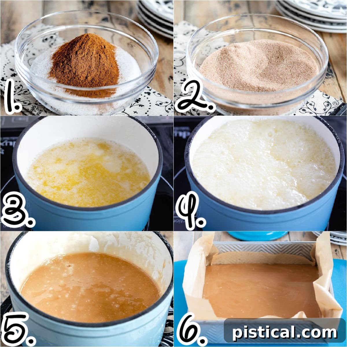 A six-image collage illustrating the process of mixing cinnamon sugar and the initial steps of preparing the toffee base.