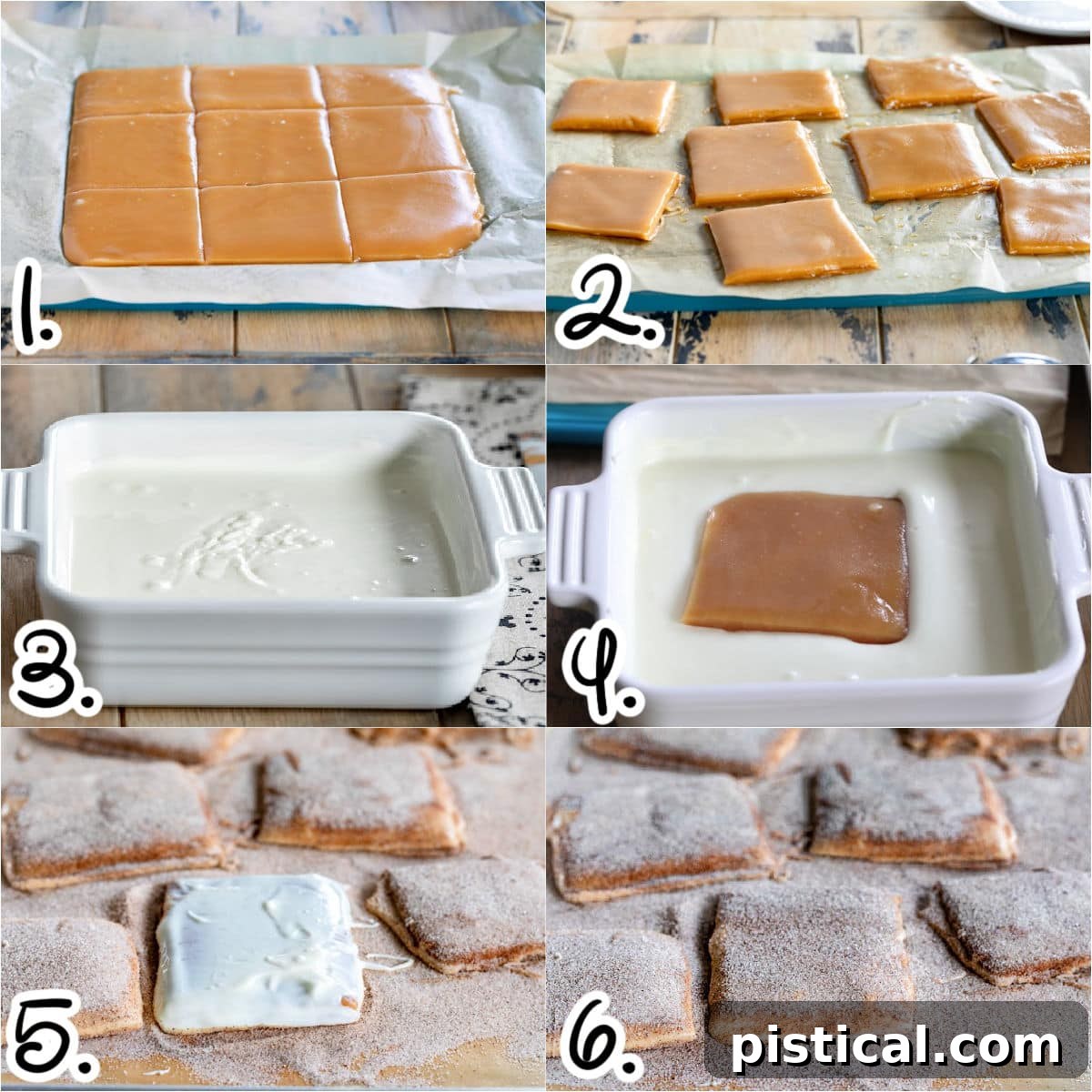 A six-image collage detailing the steps of cutting toffee into squares and then coating them with white chocolate and a final dusting of cinnamon sugar.