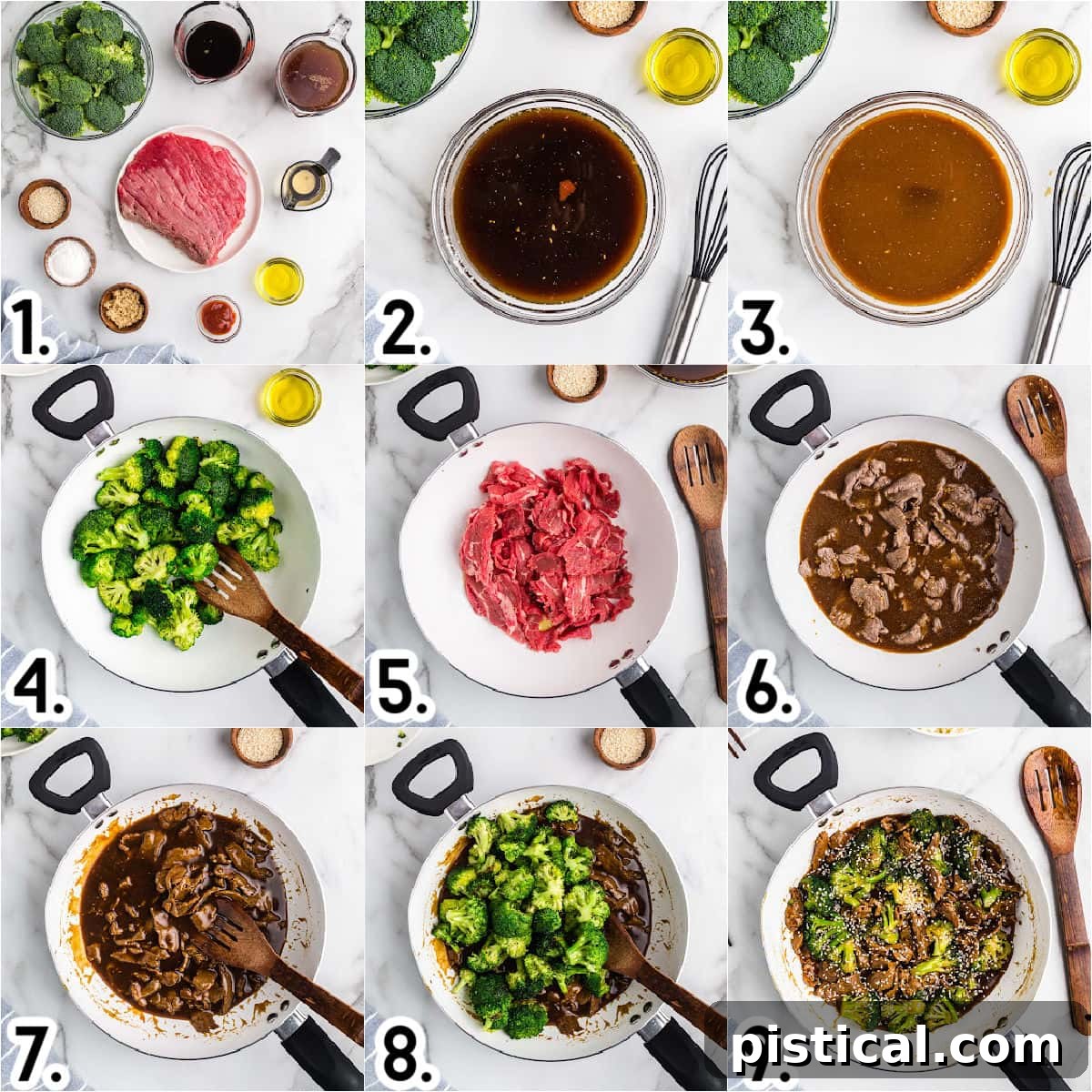 Savory Beef and Broccoli Stir-fry 5 9 image collage showing how to make beef and broccoli recipe with step by step photos.