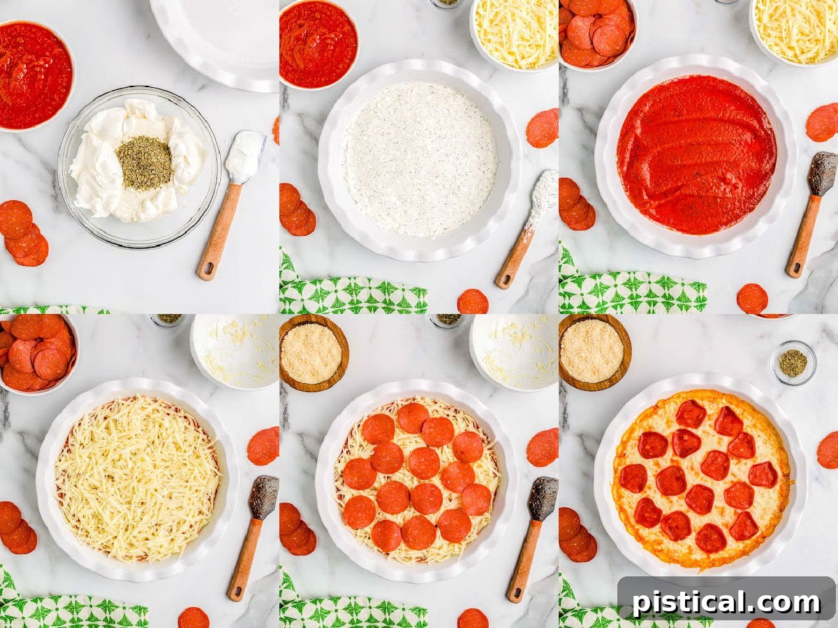 Ultimate Baked Pizza Dip 5 six image collage showing how to assemble the pizza dip.