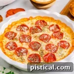 Ultimate Baked Pizza Dip 7 pizza dip baked in white pie dish topped with pepperoni and parmesan cheese. plate of toasted baguette and a bowl of chips are set off to the side.