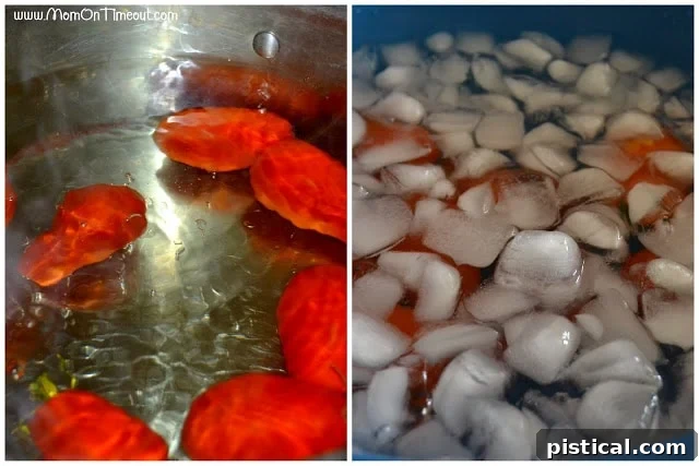 Blanched tomatoes in an ice bath, showing easy skin removal for homemade sauce.