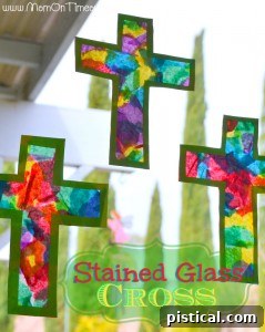 Stained Glass Cross Craft for Easter, made with tissue paper.